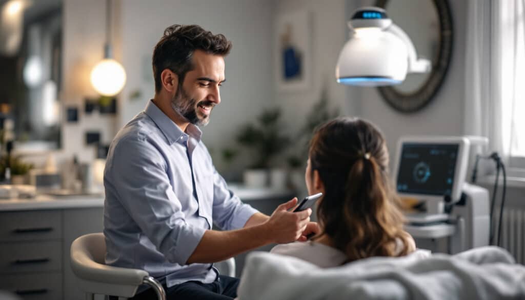 doctor realizando una consulta o evaluacion a una paciente en un consultorio moderno