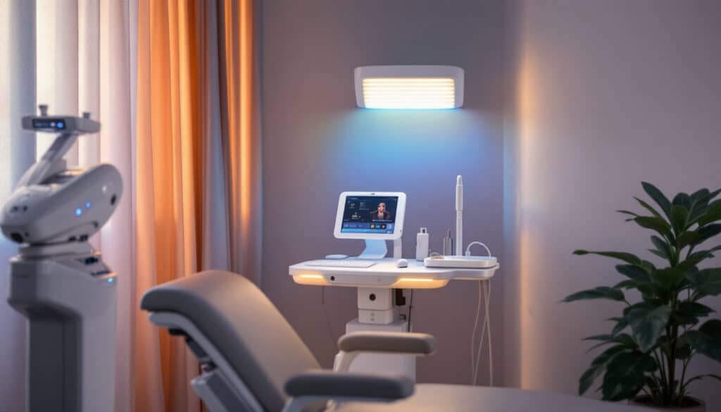 sala medica con silla de exploracion y equipos tecnologicos en un entorno ordenado