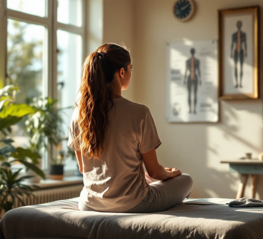 mujer sentada en la cama mirando por la ventana con luz natural
