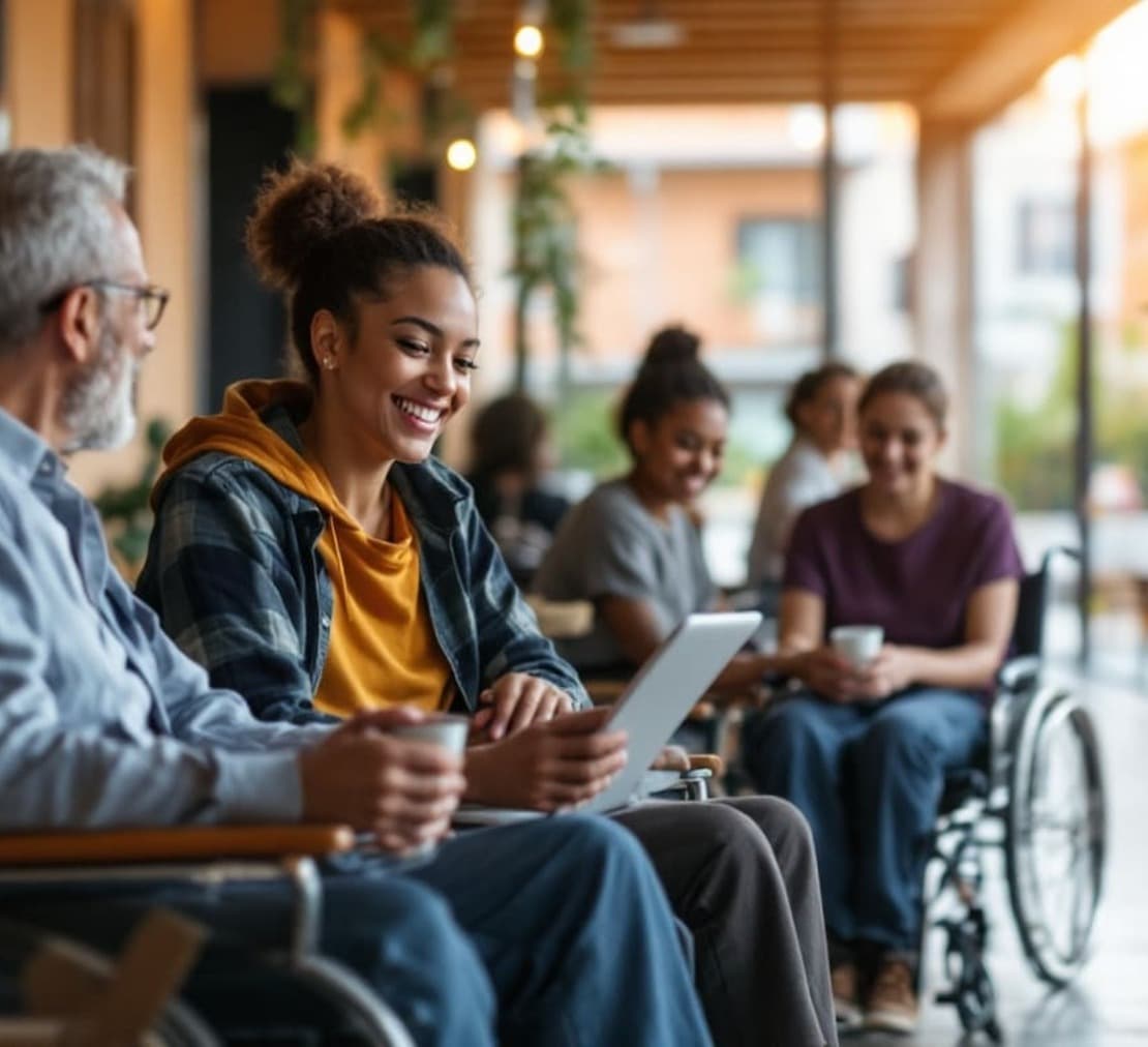 adultos mayores leyendo y conversando en espacio comunitario