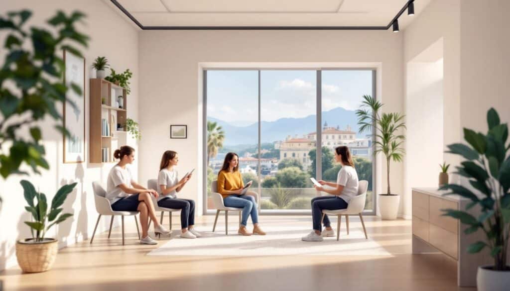 terapia grupal en sala con ventanales y luz natural