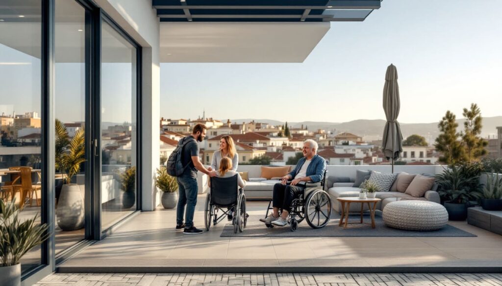 terraza accesible con vista panoramica y personas en sillas de ruedas
