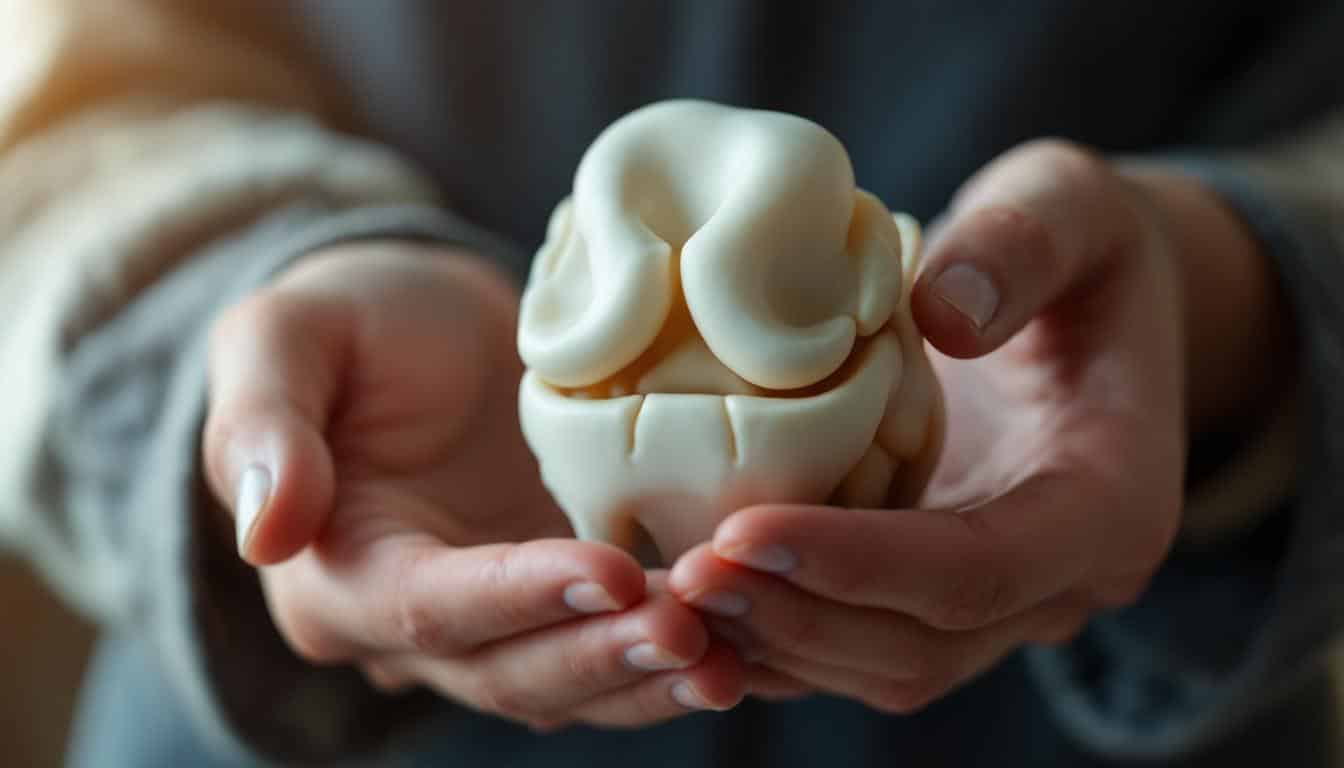 A photograph of a close-up of a pair of hands gently holding a knee joint model