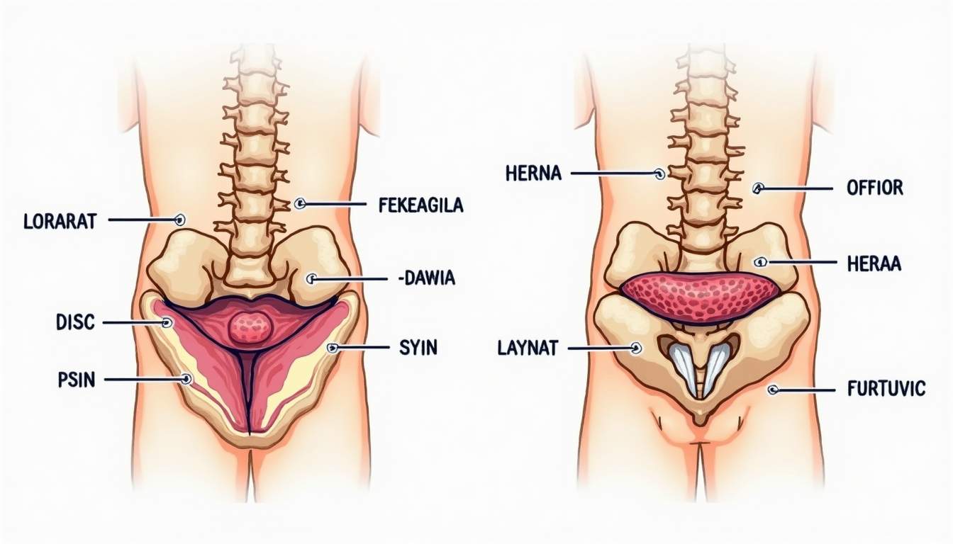 An anatomical diagram contrasting a hernia and a disc protrusion in the spine