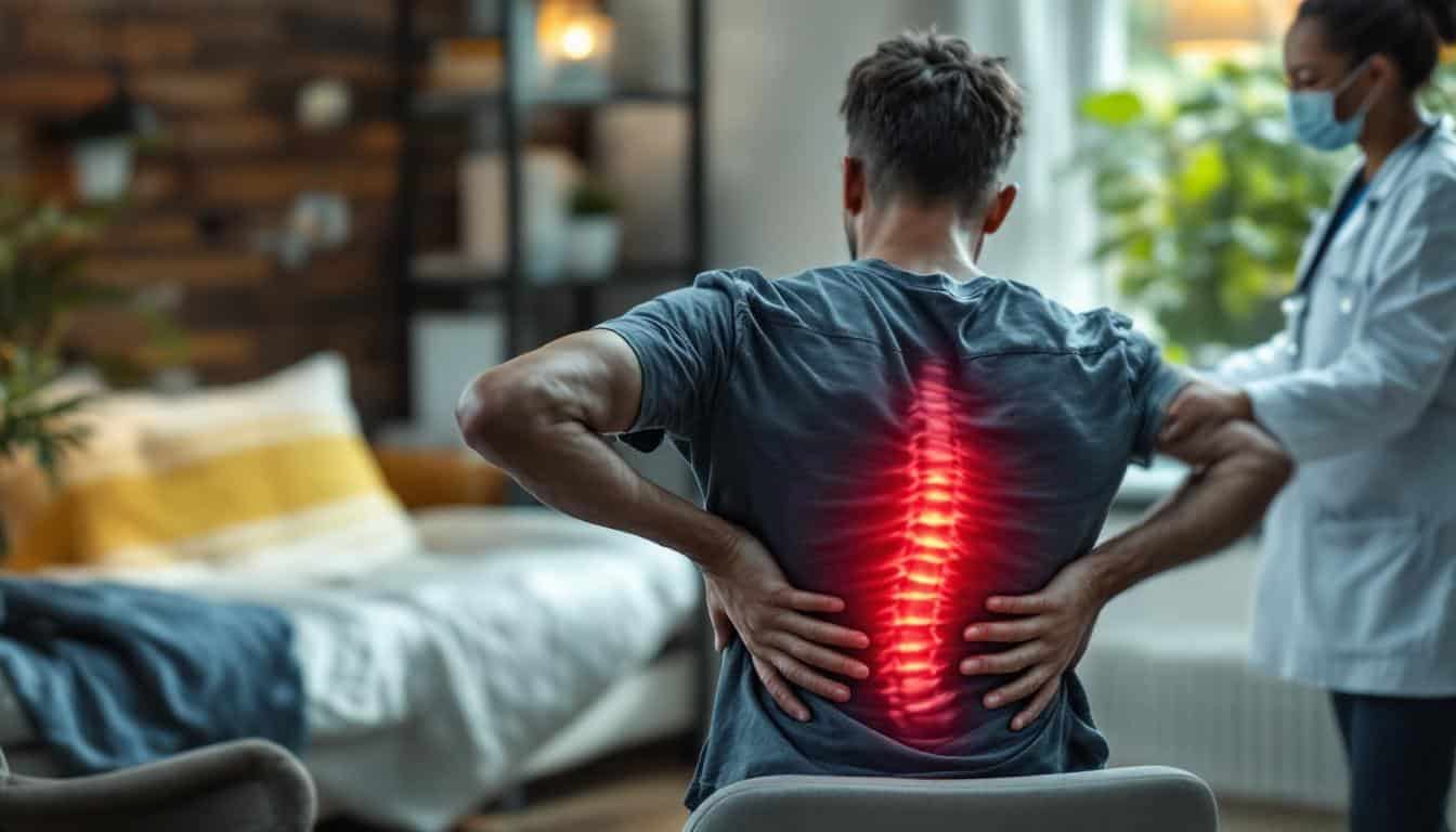 A photograph of a person experiencing lower back pain while sitting or standing